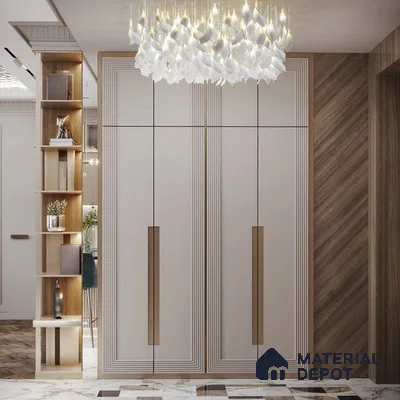 Modern Wardrobe with beige solid laminate wardrobe, walnut wood laminate accent wall, and marble floor tile | Material Depot