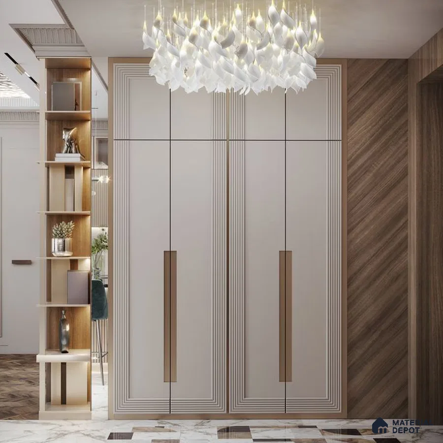 Modern Wardrobe with beige solid laminate wardrobe, walnut wood laminate accent wall, and marble floor tile | Material Depot