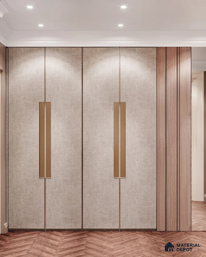 Modern wardrobe with beige textured laminate shutters and walnut wood fluted panels | Material Depot