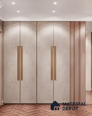 Modern wardrobe with beige textured laminate shutters and walnut wood fluted panels | Material Depot