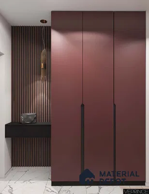 Modern Wardrobe with burgundy matte laminate wardrobe, walnut wood louver panels, and white marble floor tiles | Material Depot