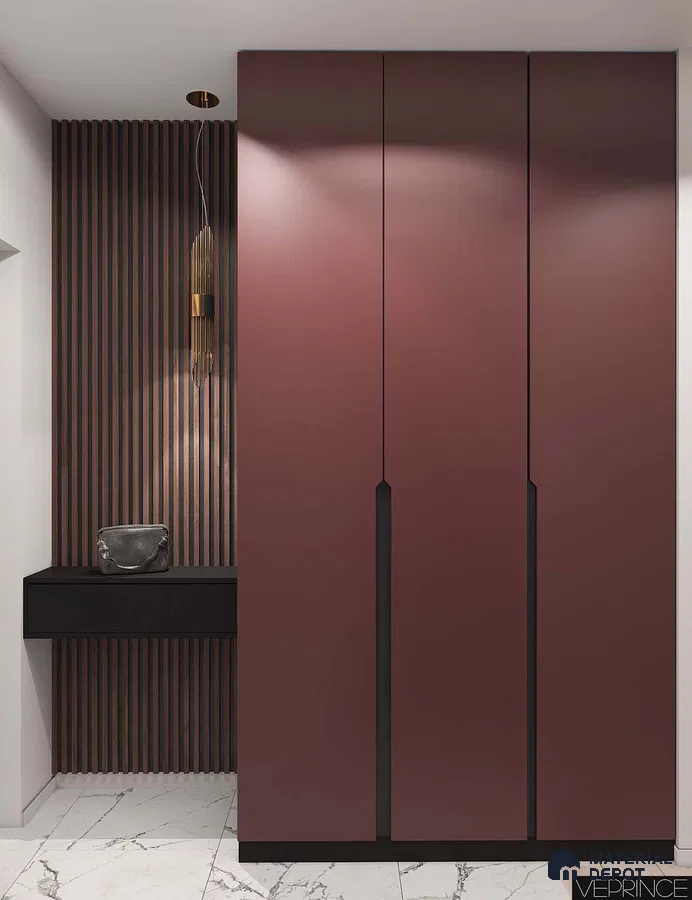 Modern Wardrobe with burgundy matte laminate wardrobe, walnut wood louver panels, and white marble floor tiles | Material Depot