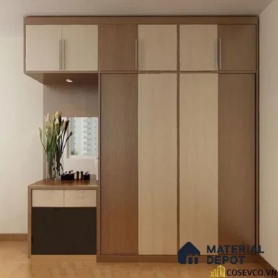 Modern wardrobe with dual-tone wood grain laminate and built-in dresser | Material Depot
