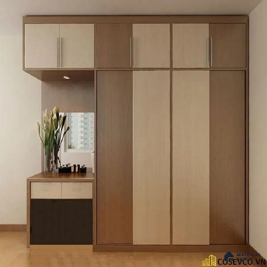 Modern wardrobe with dual-tone wood grain laminate and built-in dresser | Material Depot