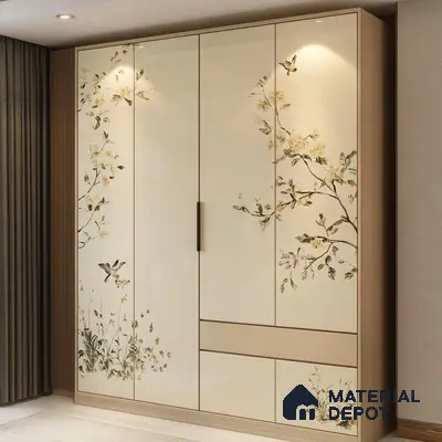 Modern wardrobe with floral patterned laminate and light wood frame | Material Depot