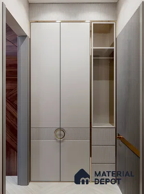 Modern Wardrobe With Fluted Panels, Gold Accents, And Integrated Shelving | Material Depot