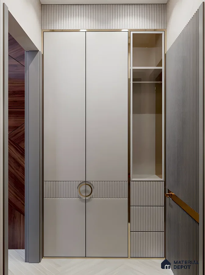 Modern Wardrobe With Fluted Panels, Gold Accents, And Integrated Shelving | Material Depot