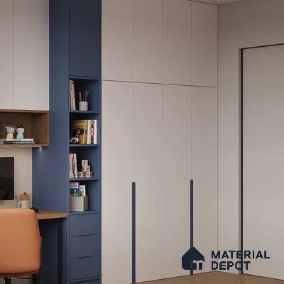 Modern wardrobe with frosty white and navy blue laminate, open shelving, and wooden study desk | Material Depot