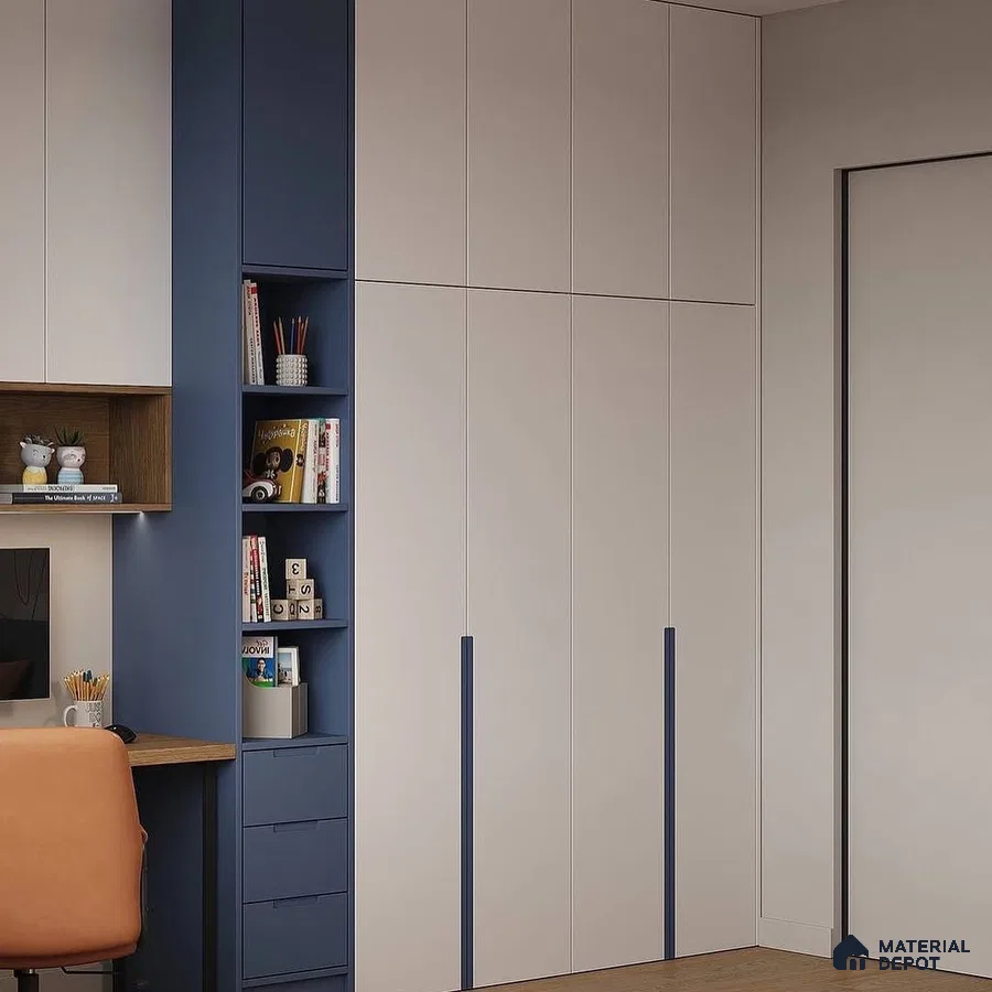 Modern wardrobe with frosty white and navy blue laminate, open shelving, and wooden study desk | Material Depot