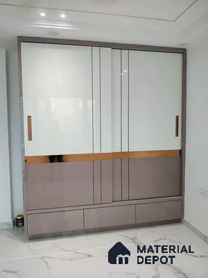 Modern wardrobe with frosty white and taupe high gloss laminate, gold accent, and marble floor tile | Material Depot