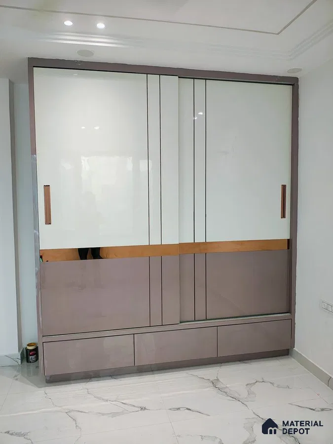 Modern wardrobe with frosty white and taupe high gloss laminate, gold accent, and marble floor tile | Material Depot