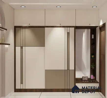 Modern wardrobe with frosty white and taupe laminate, walnut brown accents | Material Depot