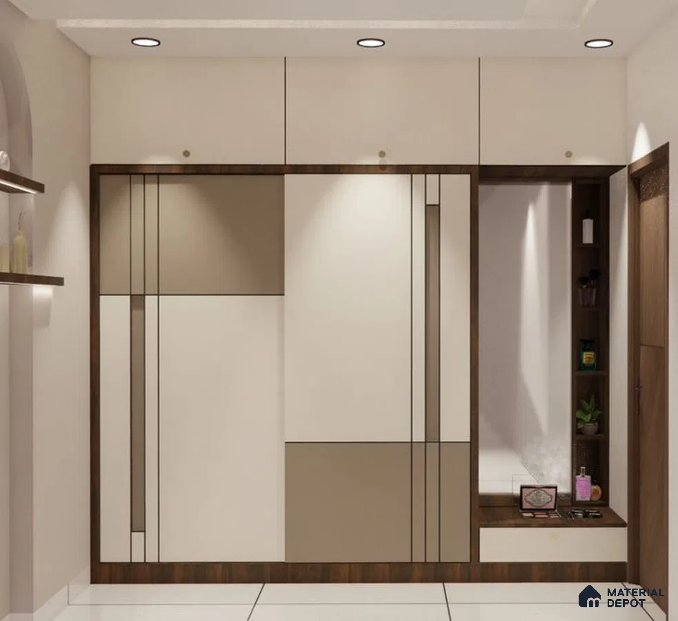 Modern wardrobe with frosty white and taupe laminate, walnut brown accents | Material Depot