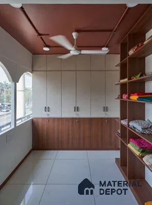 Modern wardrobe with frosty white and walnut brown laminate, open shelving, and large white floor tiles | Material Depot