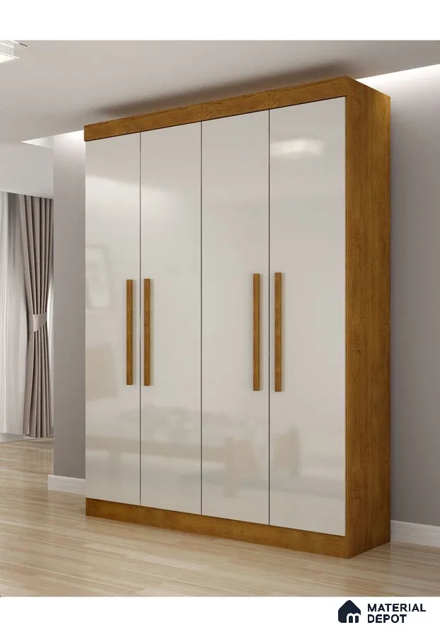 Modern wardrobe with frosty white high gloss laminate and oak wood laminate frame | Material Depot