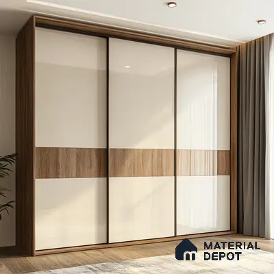 Modern wardrobe with frosty white high gloss laminate and walnut wood laminate accent | Material Depot