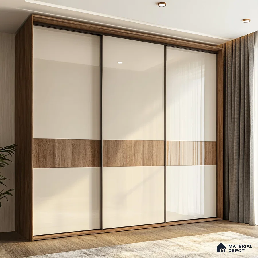 Modern wardrobe with frosty white high gloss laminate and walnut wood laminate accent | Material Depot