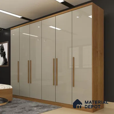 Modern wardrobe with frosty white high gloss laminate shutters and oak wood laminate frame | Material Depot