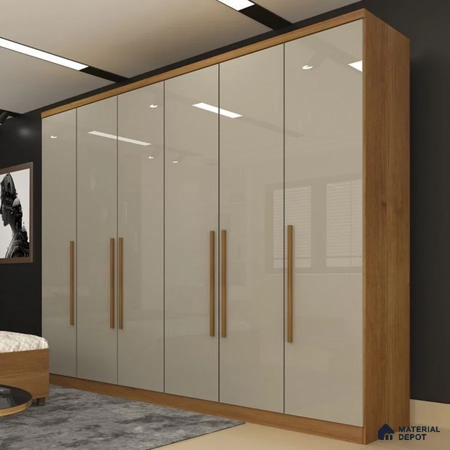 Modern wardrobe with frosty white high gloss laminate shutters and oak wood laminate frame | Material Depot