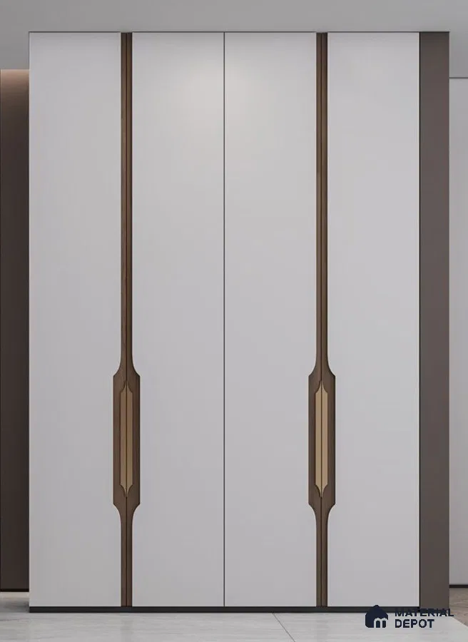 Modern wardrobe with frosty white laminate and walnut brown decorative profiles | Material Depot