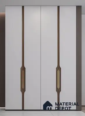 Modern wardrobe with frosty white laminate and walnut brown decorative profiles | Material Depot