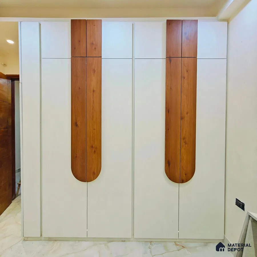 Modern wardrobe with frosty white laminate and walnut brown wood laminate accents | Material Depot