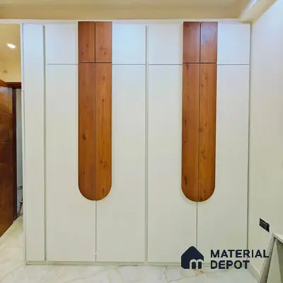 Modern wardrobe with frosty white laminate and walnut brown wood laminate accents | Material Depot