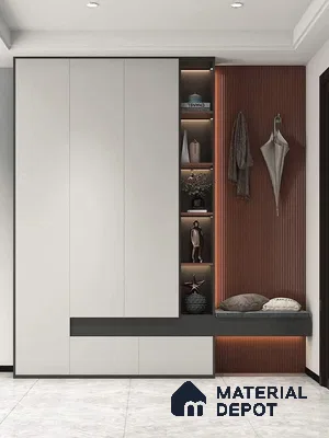 Modern Wardrobe with frosty white laminate cabinets, walnut brown fluted wall panels, and grey stone floor tiles | Material Depot