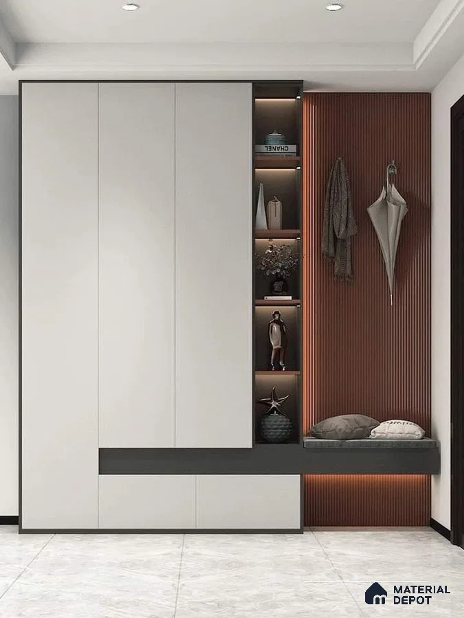 Modern Wardrobe with frosty white laminate cabinets, walnut brown fluted wall panels, and grey stone floor tiles | Material Depot