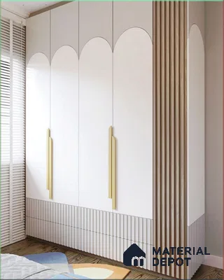 Modern wardrobe with frosty white laminate, fluted panels, and light wood accents | Material Depot