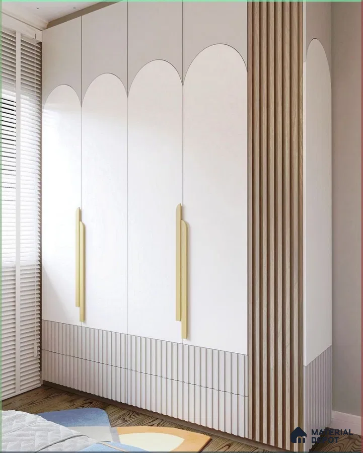 Modern wardrobe with frosty white laminate, fluted panels, and light wood accents | Material Depot