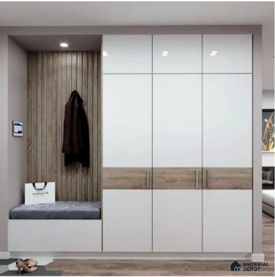 Modern wardrobe with frosty white laminate, oak wood laminate accent, and vertical wood louver panel | Material Depot