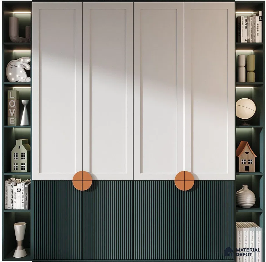 Modern wardrobe with frosty white laminate shutters and dark green fluted laminate | Material Depot