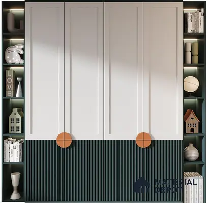 Modern wardrobe with frosty white laminate shutters and dark green fluted laminate | Material Depot