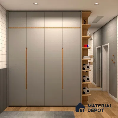 Modern wardrobe with frosty white laminate shutters and oak wood open shelves | Material Depot