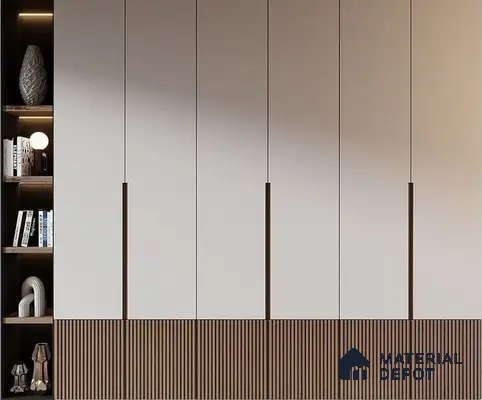 Modern wardrobe with frosty white laminate shutters and walnut brown fluted laminate base | Material Depot
