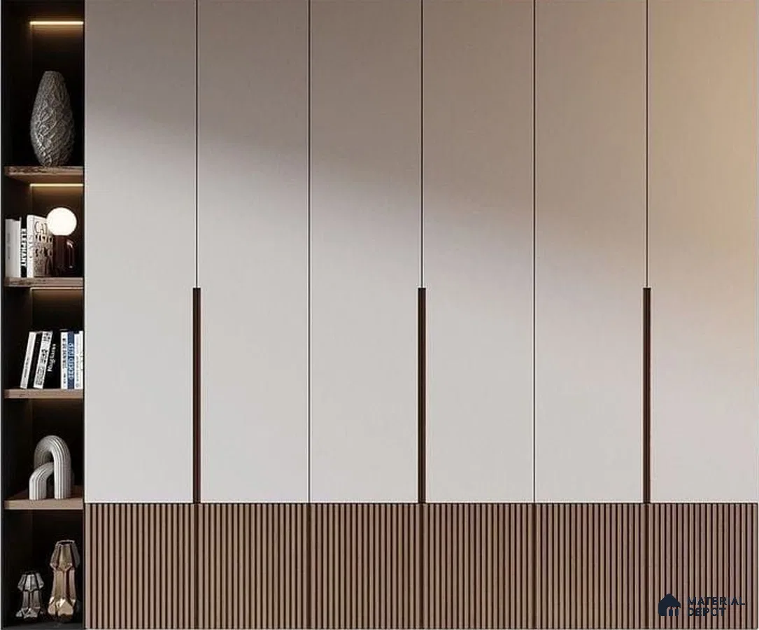 Modern wardrobe with frosty white laminate shutters and walnut brown fluted laminate base | Material Depot