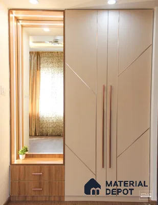Modern wardrobe with frosty white laminate, wooden laminate drawers, and integrated mirror | Material Depot
