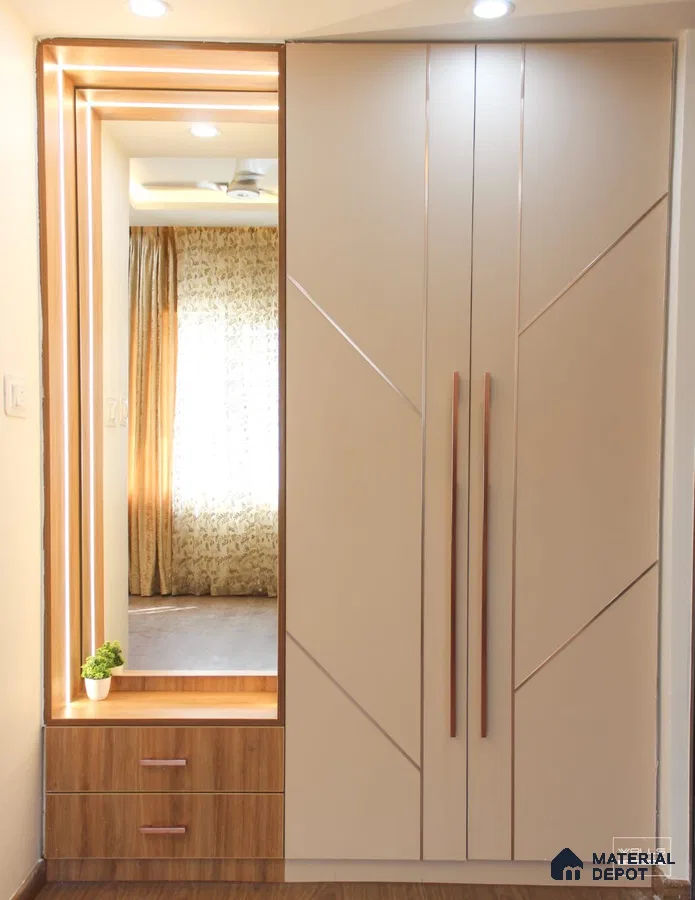 Modern wardrobe with frosty white laminate, wooden laminate drawers, and integrated mirror | Material Depot