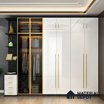 Modern Wardrobe with Glass Doors and Gold Hardware | Material Depot