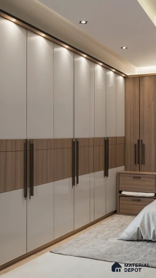 Modern wardrobe with glossy frosty white and light oak wood laminate in bedroom | Material Depot