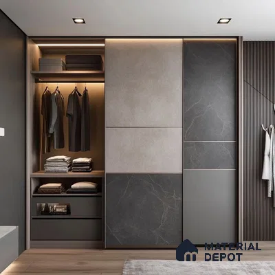 Modern wardrobe with grey marble-look laminate, taupe solid laminate, and fluted wood panel accent | Material Depot