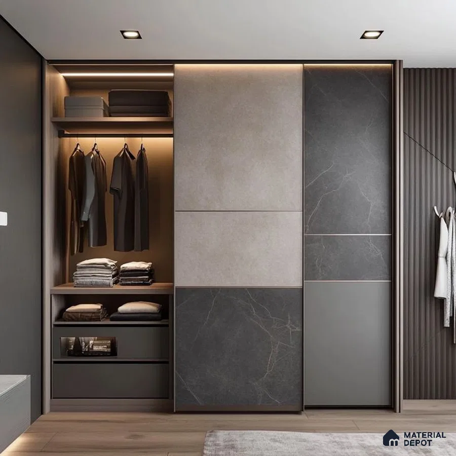 Modern wardrobe with grey marble-look laminate, taupe solid laminate, and fluted wood panel accent | Material Depot