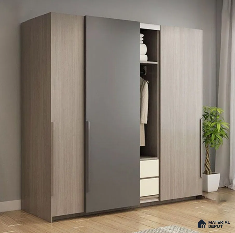 Modern wardrobe with grey matte laminate and light oak wood laminate in bedroom | Material Depot