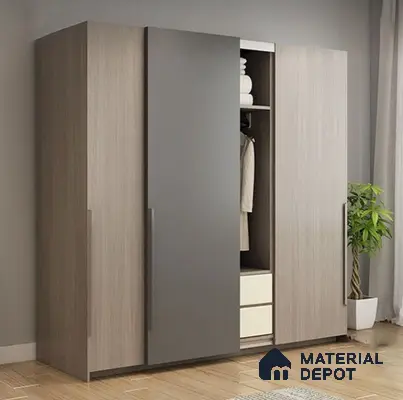 Modern wardrobe with grey matte laminate and light oak wood laminate in bedroom | Material Depot