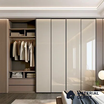 Modern wardrobe with high gloss beige laminate shutters and light oak laminate in bedroom | Material Depot