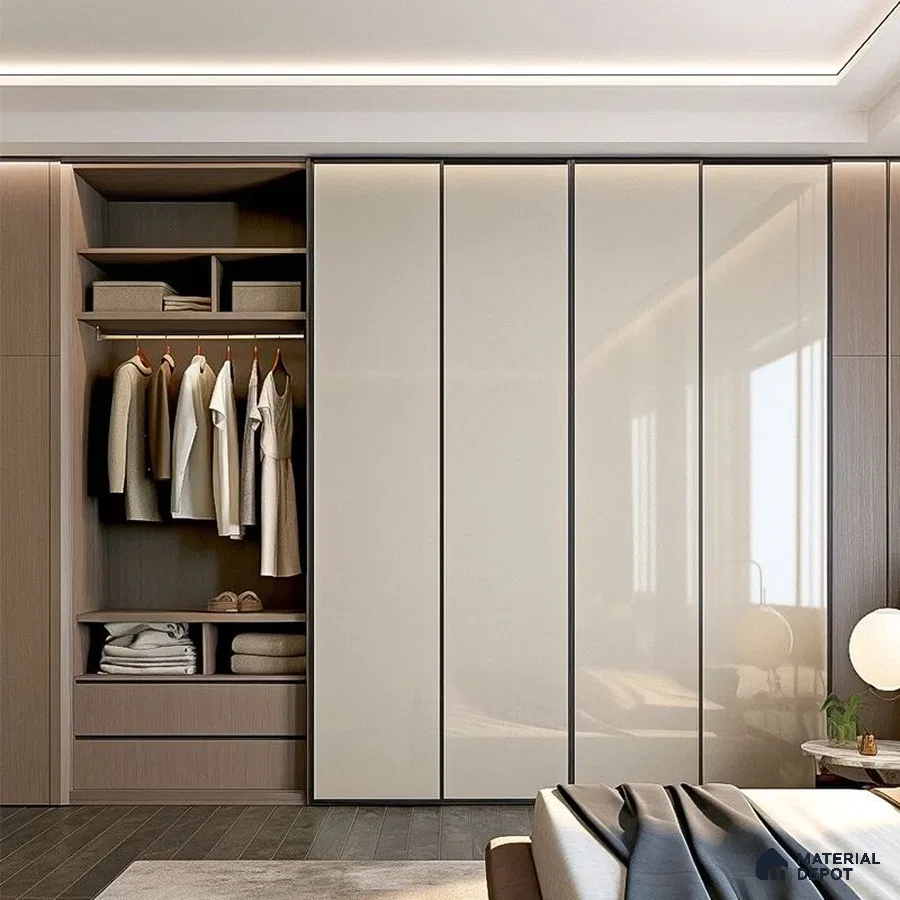 Modern wardrobe with high gloss beige laminate shutters and light oak laminate in bedroom | Material Depot