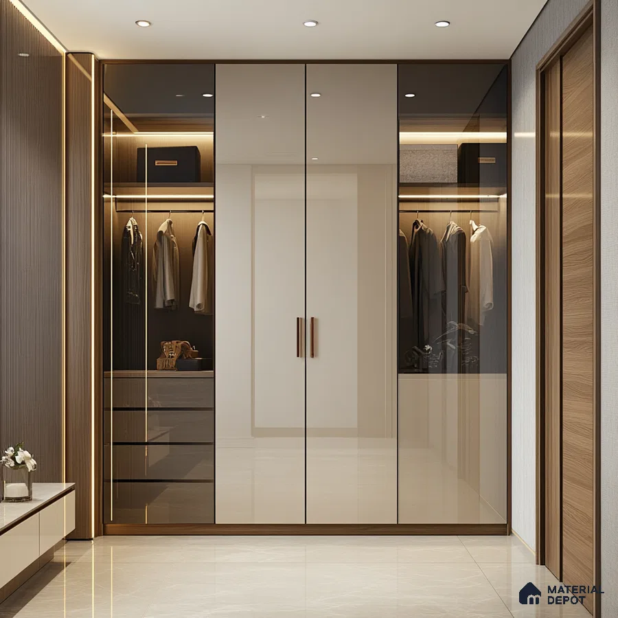 Modern wardrobe with high gloss beige laminate shutters and walnut wood accents | Material Depot