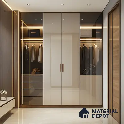 Modern wardrobe with high gloss beige laminate shutters and walnut wood accents | Material Depot