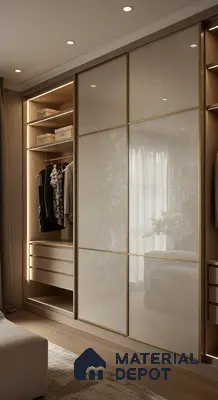 Modern wardrobe with high gloss beige marble-look laminate and light oak wood finish | Material Depot